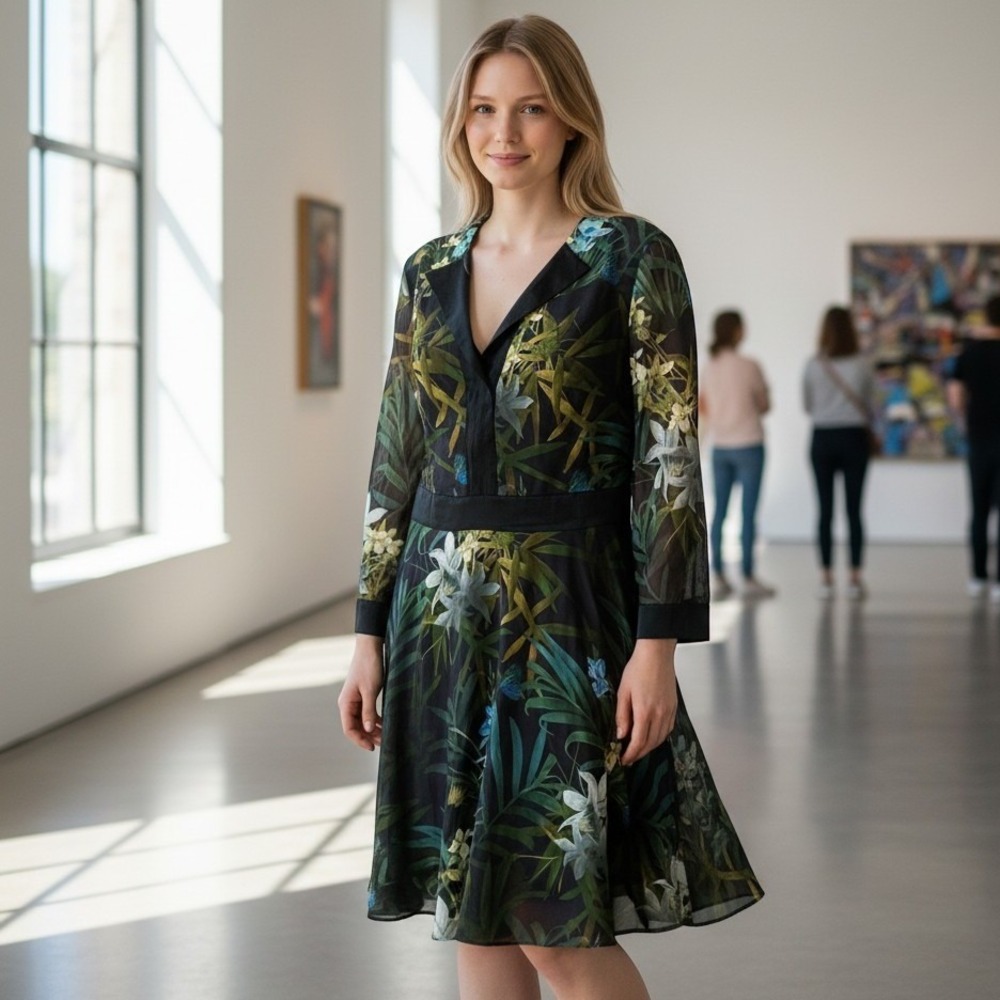 Ted Baker Floral Fit and Flare Dress Womens 4‎ Black Green Botanical V-Neck